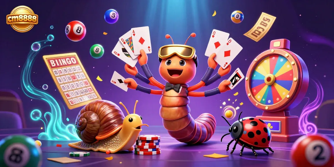 Experience cm8888 excitement with a vibrant casino scene featuring a millipede dealer, high-roller snail, and dynamic game elements.
