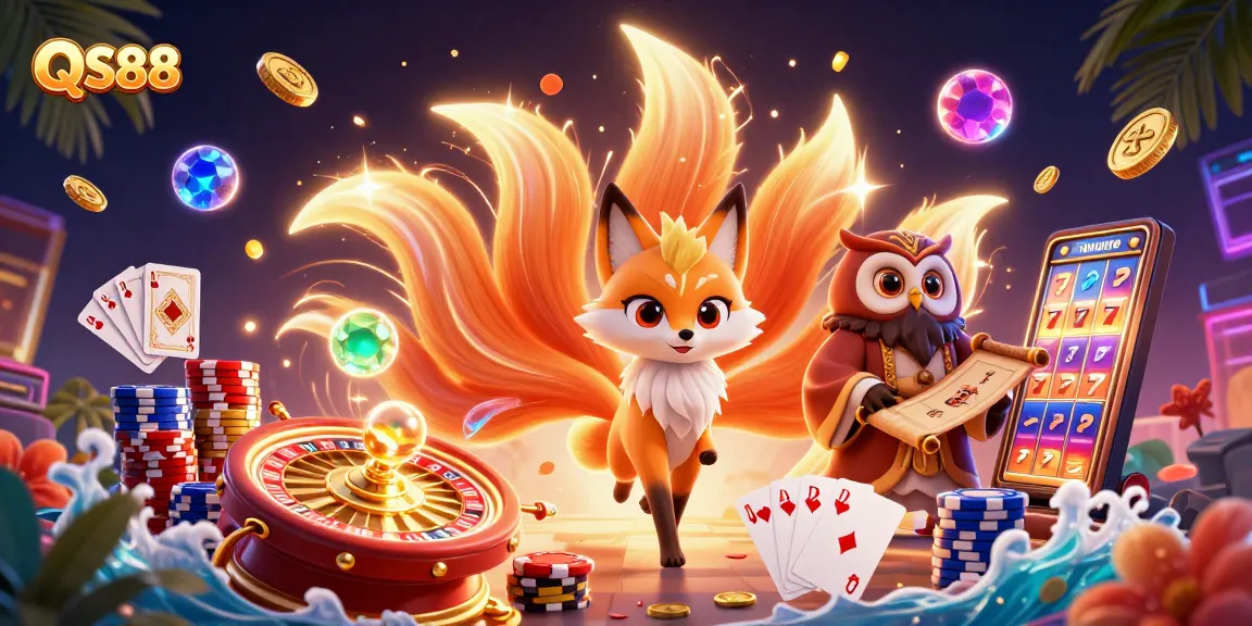 Engage with QS88's vibrant casino world featuring a nine-tailed fox spirit, owl sage, and dynamic game elements.