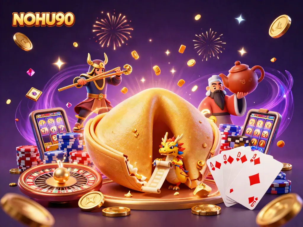 Engage with NOHU90's thrilling gameplay and lotteries in this vibrant casino illustration.