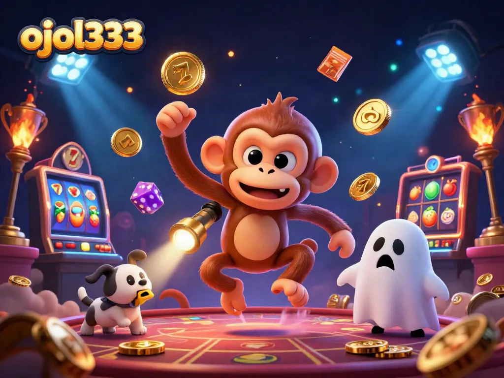 ojol333 showcasing a playful poltergeist monkey juggling gold in a lively haunted casino scene