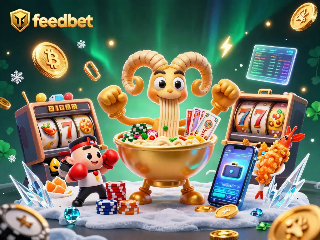 Experience winning at Feedbet with vibrant slots, cards, and crypto elements in a dynamic casino scene.