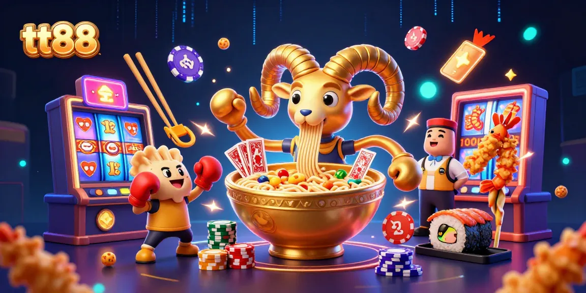 Experience thrilling gameplay at tt88 with a giant ramen bowl dealer, colorful slot machines, and lively casino elements.