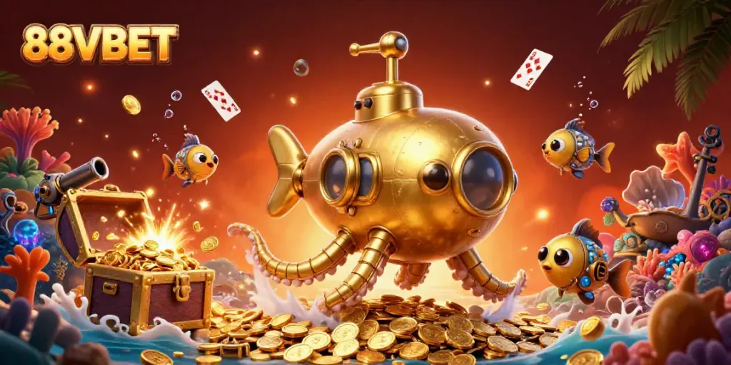 Engage with the vibrant world of 88VBET as a golden kraken submarine explores a sea of golden coins.