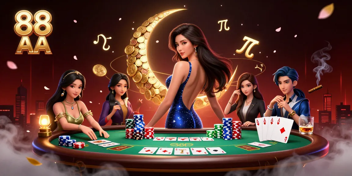 Engage with 88 AA at the poker table, surrounded by vibrant casino elements and elegant atmosphere.