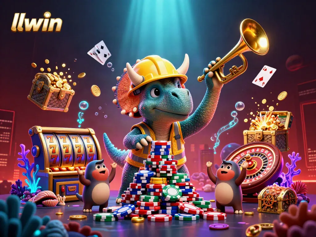 llwin offers a vibrant 3D illustration of fun interactions with a triceratops and parasaurolophus surrounded by casino elements.