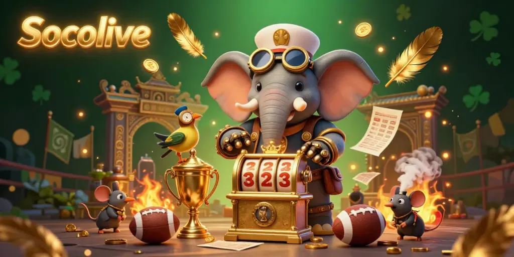 Socolive slots scene with a steampunk elephant engineer operating a golden slot machine, surrounded by dynamic sports betting elements.