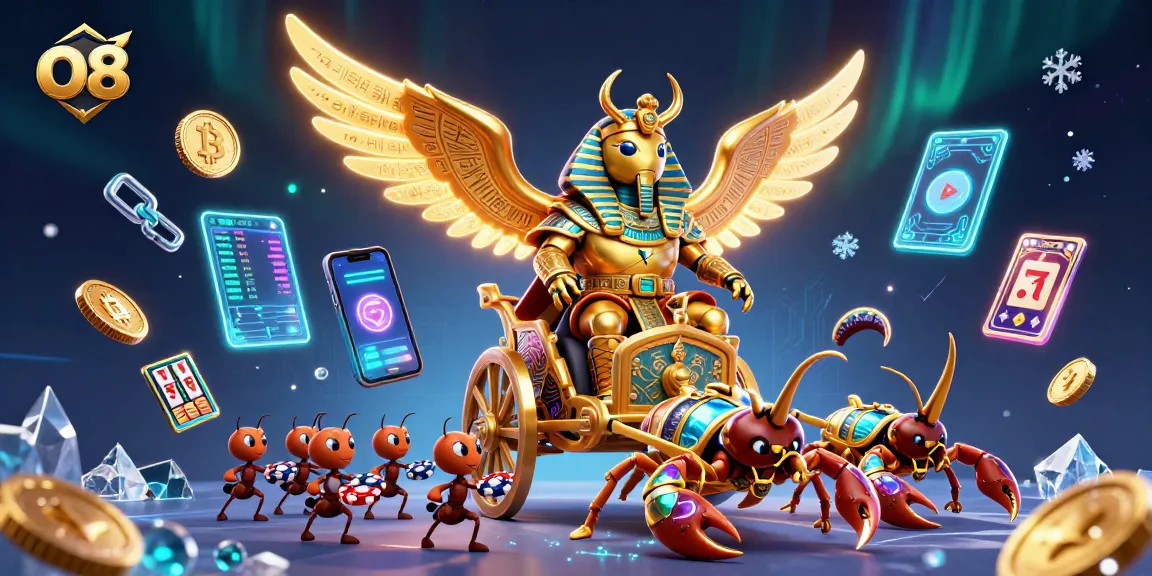 Spin and win with O8's captivating casino artwork featuring a golden scarab and gem-filled chariot.