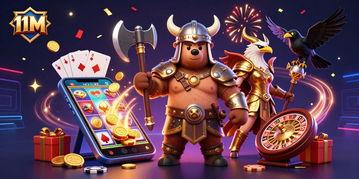 Spin the reels in the 11M colorful online casino scene featuring Viking bear and Valkyrie eagle.