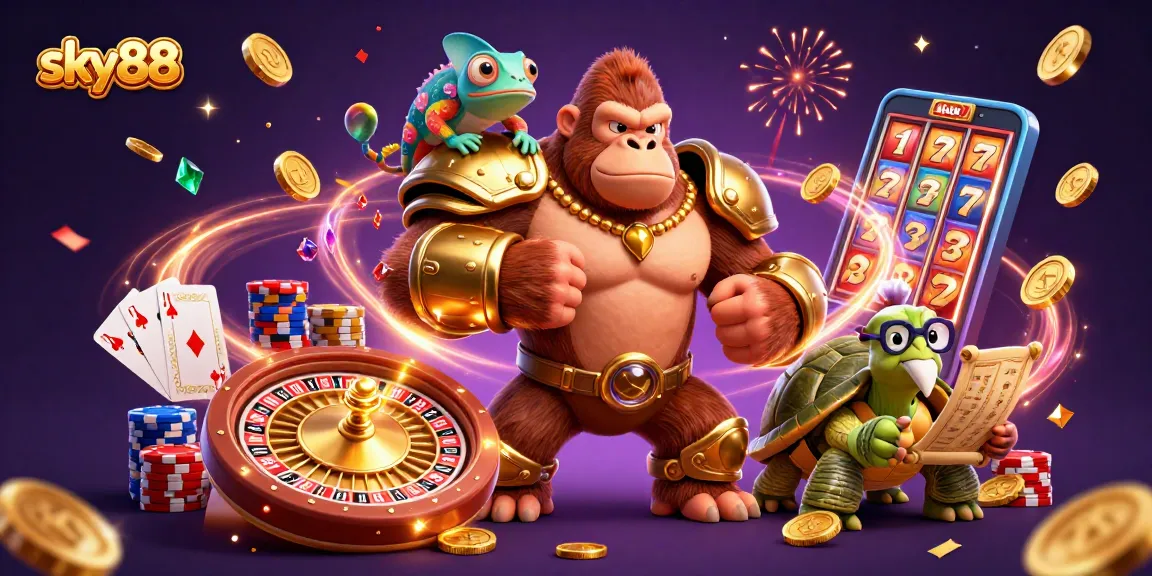 Sky88's powerful gorilla king leads a dynamic casino scene with vibrant elements and winning energy.