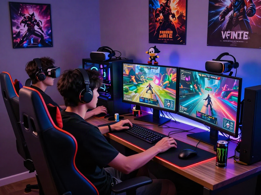 Gamer immersed in porngames on high-end PC setup, vibrant RGB lighting, collectibles, and gaming accessories in cozy environment.