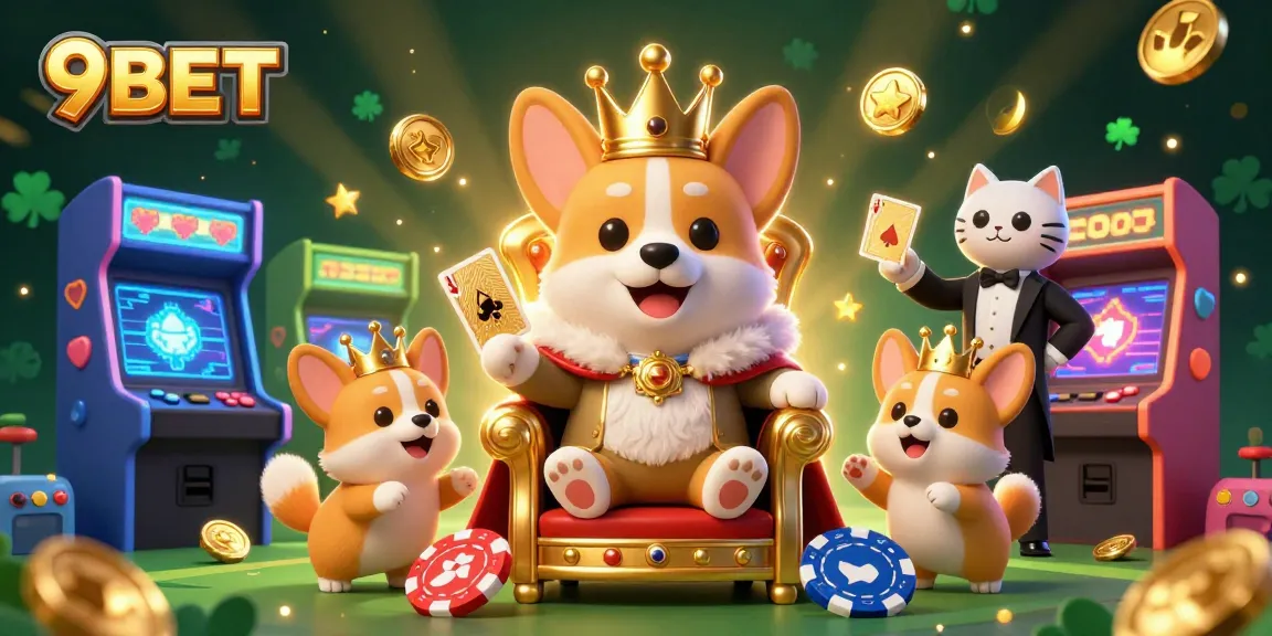 Experience thrilling gameplay with 9BET in a vibrant 3D casino scene featuring a royal corgi.