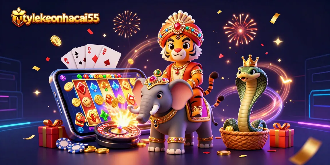 Engage with tylekeonhacai55's vibrant casino scene featuring a cartoon maharaja, elephant, and cobra.