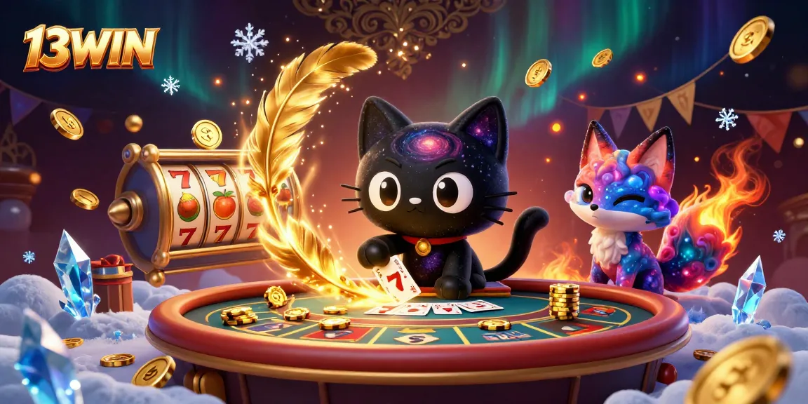 Engage with the 13WIN cosmic casino scene filled with golden chips and vibrant characters.