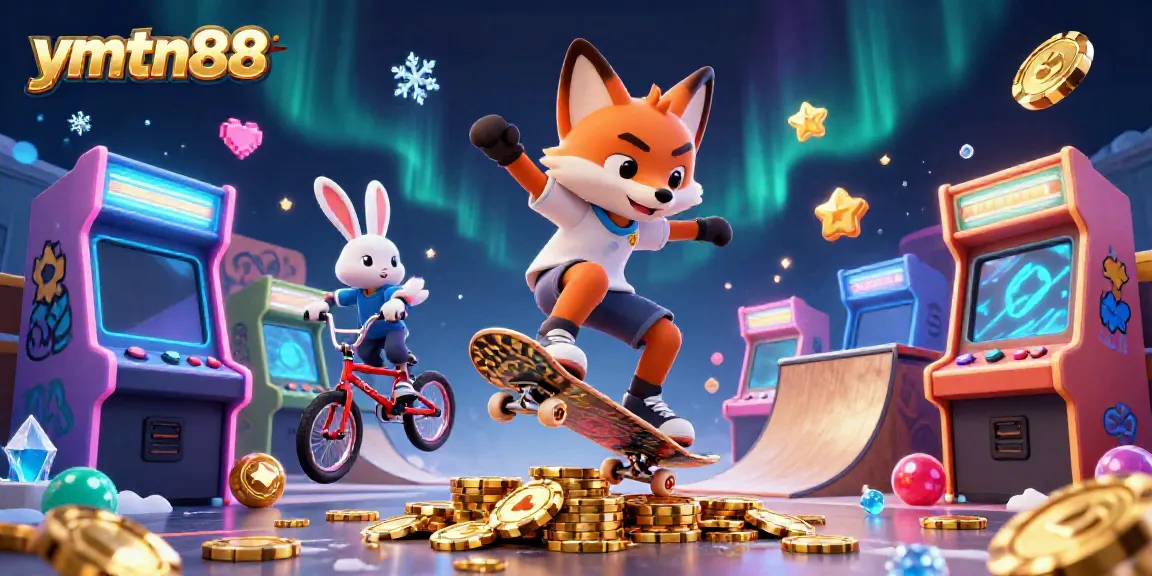 Experience thrilling action with ymtn88, featuring a skateboard fox and BMX rabbit in a dynamic casino scene.