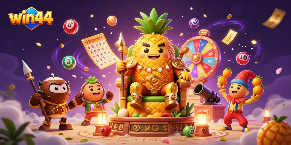 Experience the vibrant win44 casino atmosphere with a golden pineapple king and dynamic game elements.
