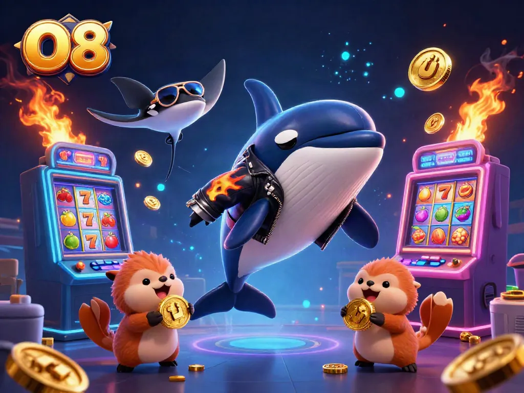 Win big at O8 with this exciting casino-themed illustration featuring whales and otters.