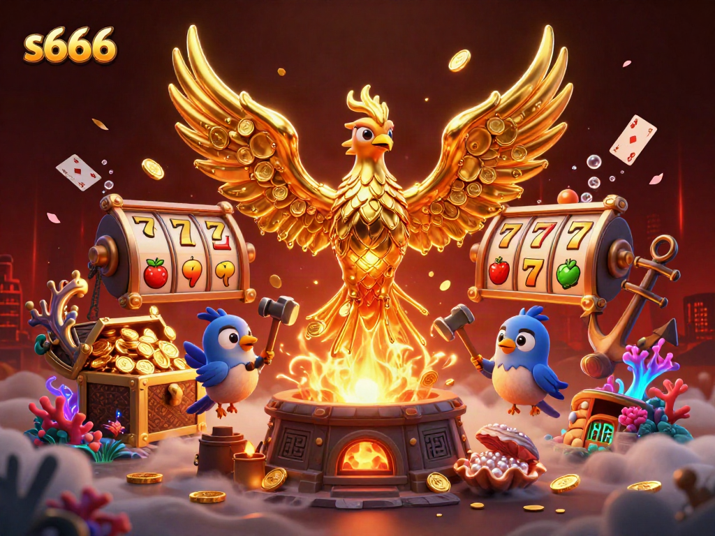 Experience thrilling gameplay with s666's 3D cartoon golden phoenix amid slots and treasures.