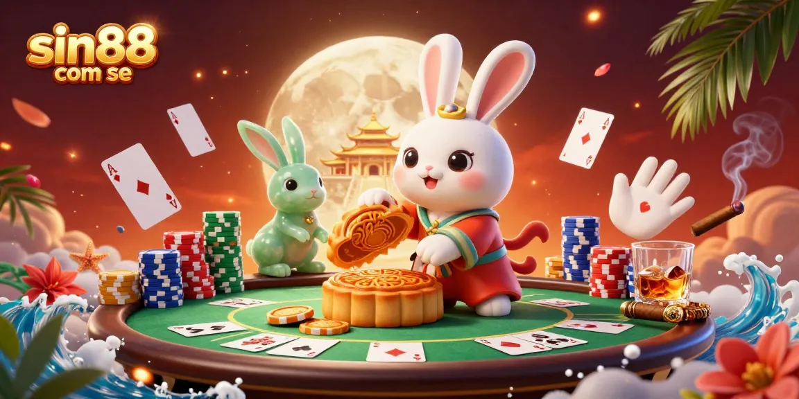 Experience thrilling poker action with sin88 com se, illustrated with a lunar twist featuring poker chips, vibrant characters, and casino elements.