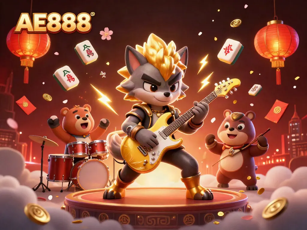 Experience exciting gaming with AE888, featuring a lively casino scene and vibrant characters.