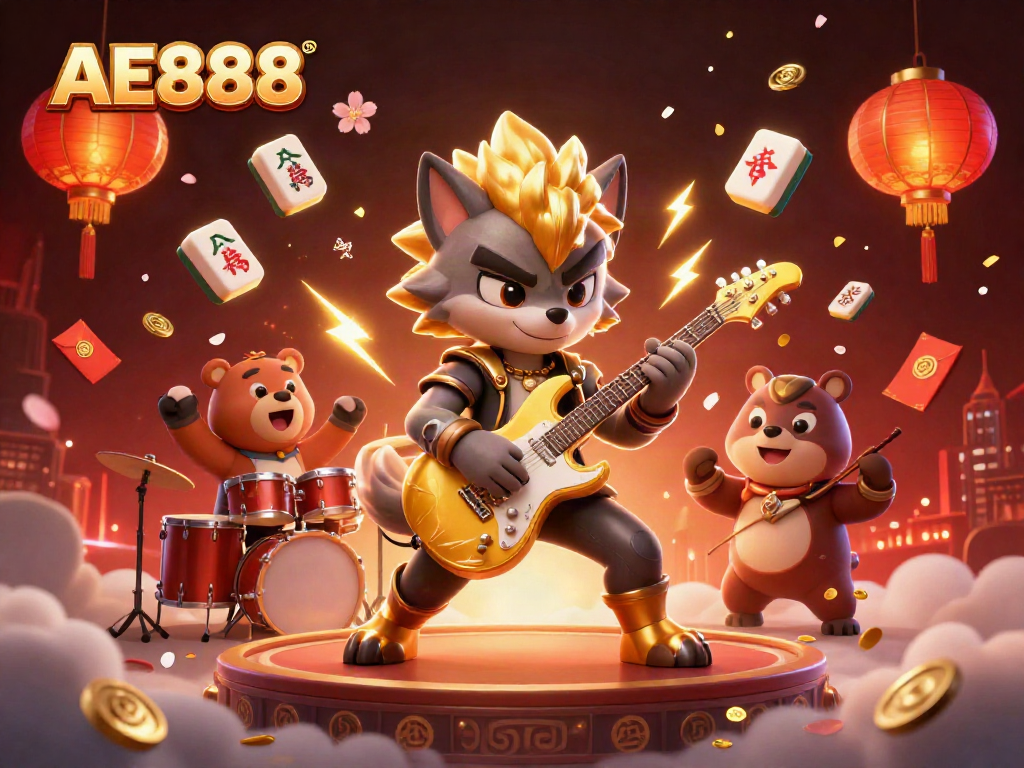 Experience exciting gaming with AE888, featuring a lively casino scene and vibrant characters.