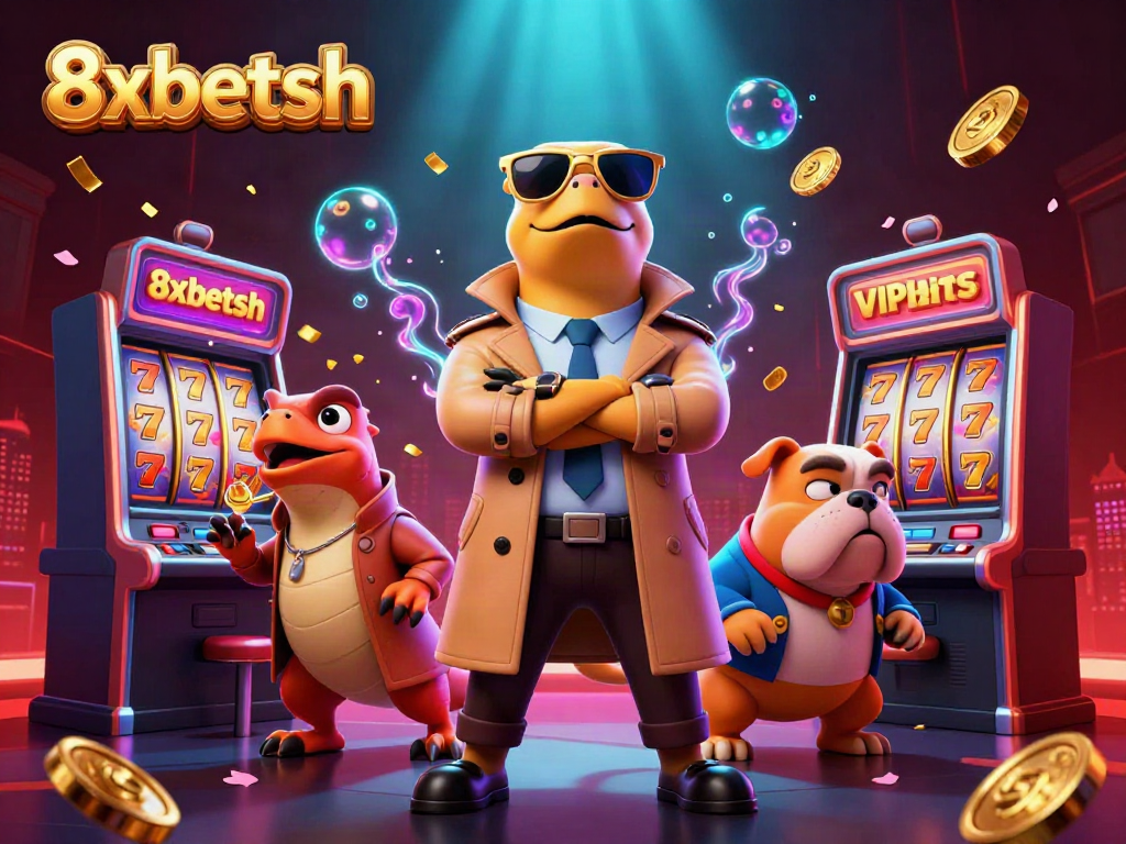 Experience thrilling gameplay with 8xbetsh's vibrant casino scene filled with raptors and slot machines.