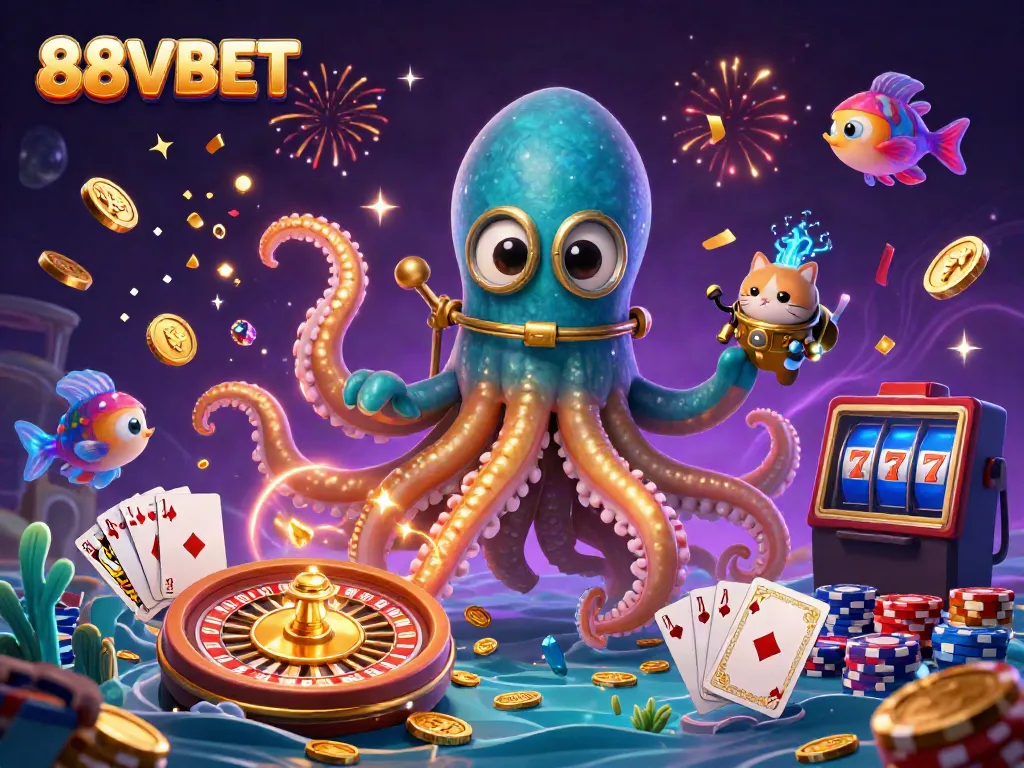 Play exciting games at 88VBET, featuring a vibrant underwater scene with a golden kraken and treasure.