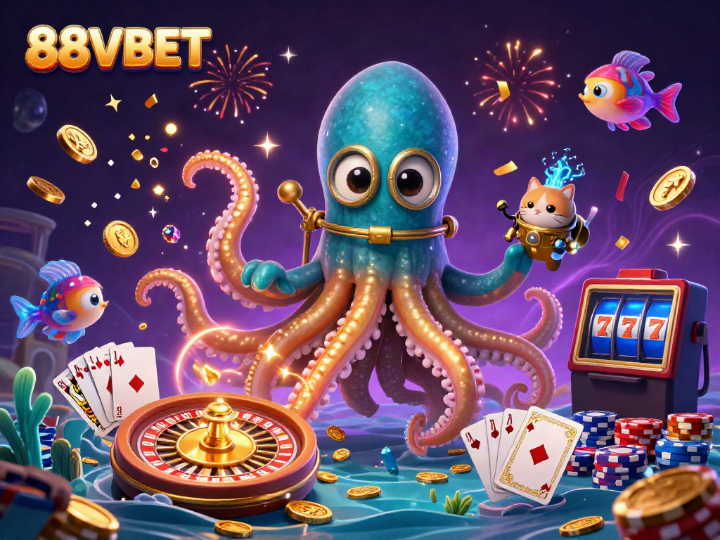 Play exciting games at 88VBET, featuring a vibrant underwater scene with a golden kraken and treasure.