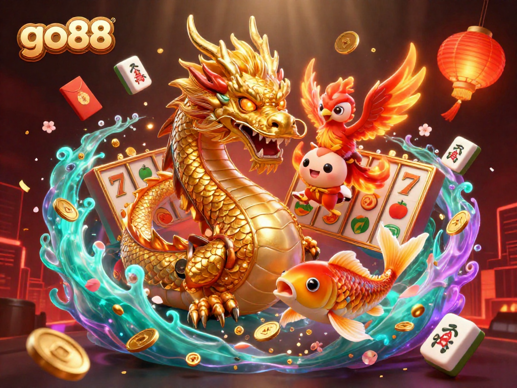 Players enjoy thrilling wins at go88 with captivating 3D dragon, phoenix, and koi fish illustration.