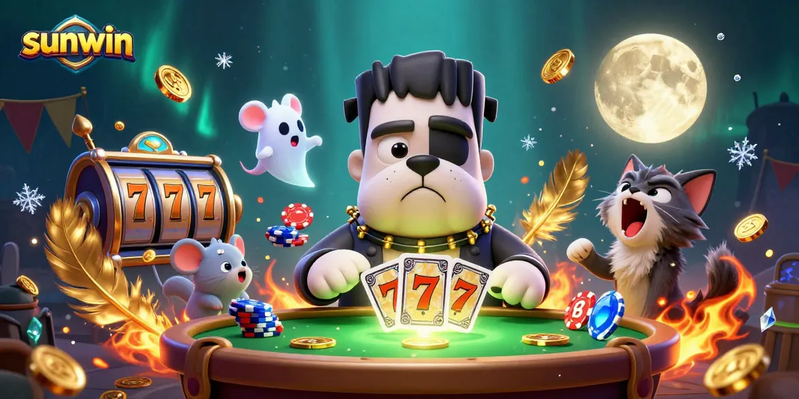 Experience thrilling action with sunwin while the Frankenstein bulldog deals cards at a vibrant casino table.