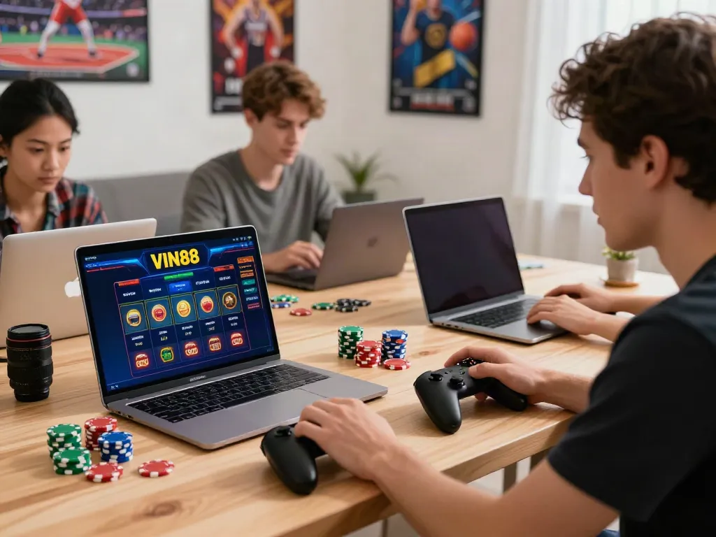 Engaged users exploring VIN88 nhà cái online gambling interface with excitement.