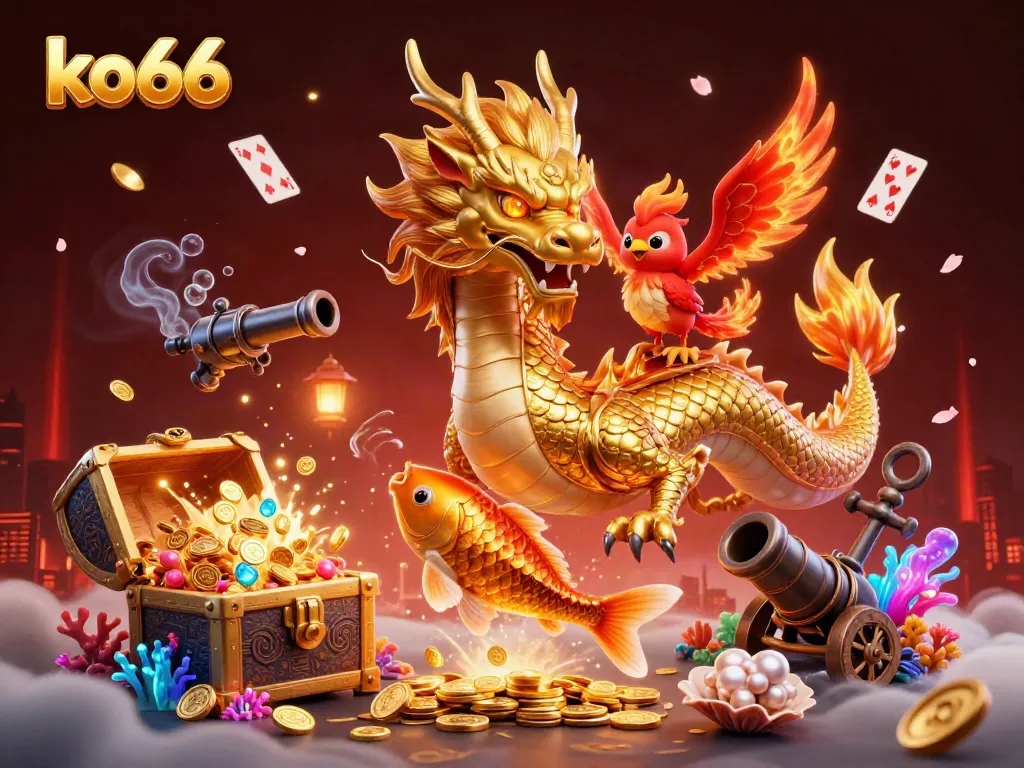 Experience thrilling wins with ko66's vibrant dragon and phoenix in a dynamic casino scene.