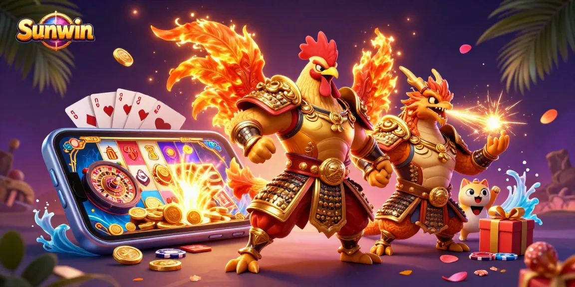 Experience exciting game play at Sunwin with a fierce rooster warrior and a dragon hatchling amidst vibrant casino elements.