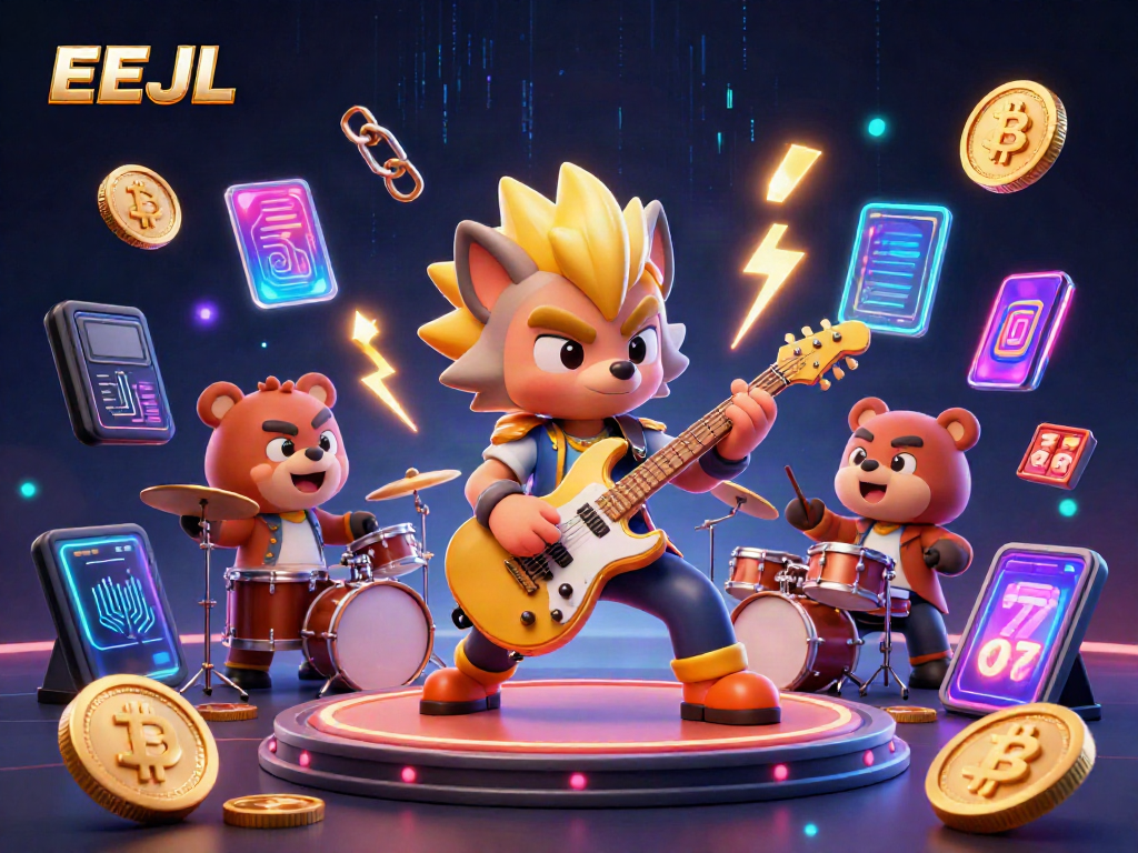 Engage in thrilling gameplay at EEJL with 3D wolf rock star and drummer bear illuminating the casino stage.