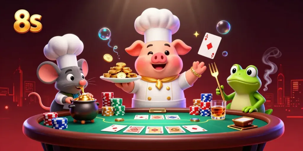 Chef pig serves gold coins in a lively casino scene for 8S, highlighting poker elements.
