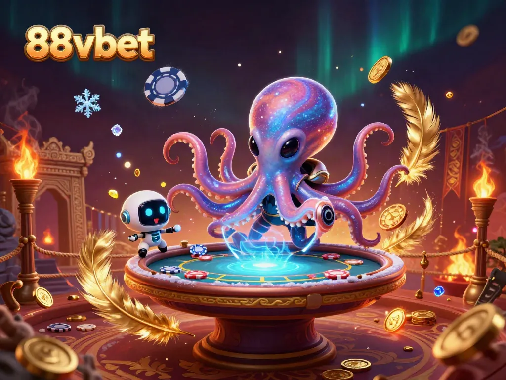 88vbet highlights an alien octopus managing a poker table in a dynamic cosmic scene.