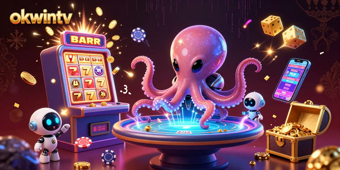Play dynamic casino games with okwintv's vibrant, ultra-detailed 3D illustration featuring an alien octopus.