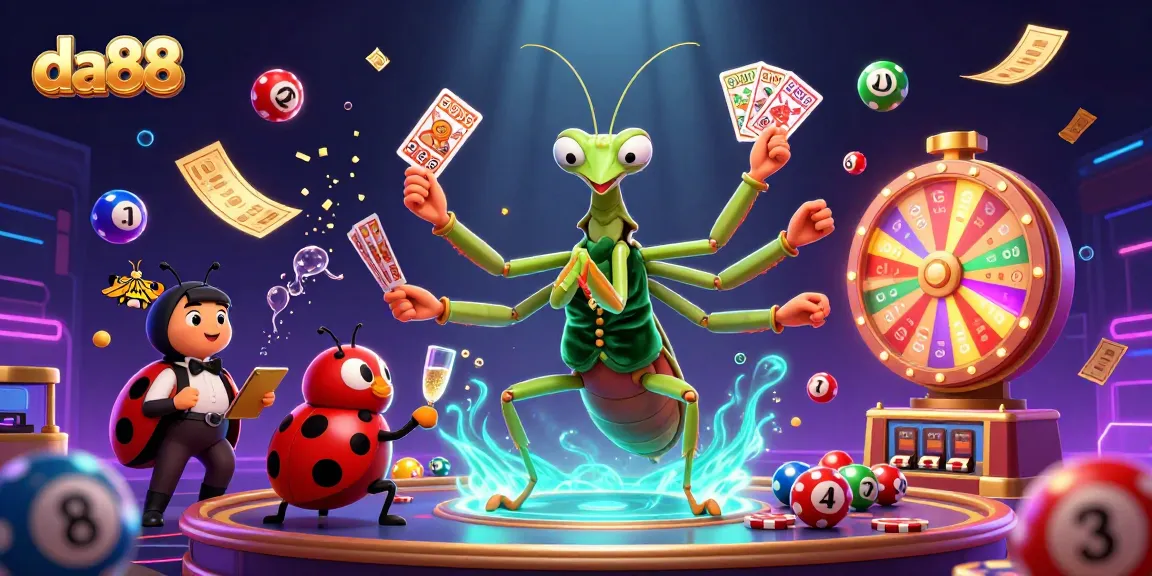 Engage in thrilling da88 gameplay with a vibrant scene of a giant mantis and ladybug overseeing exciting casino activities.