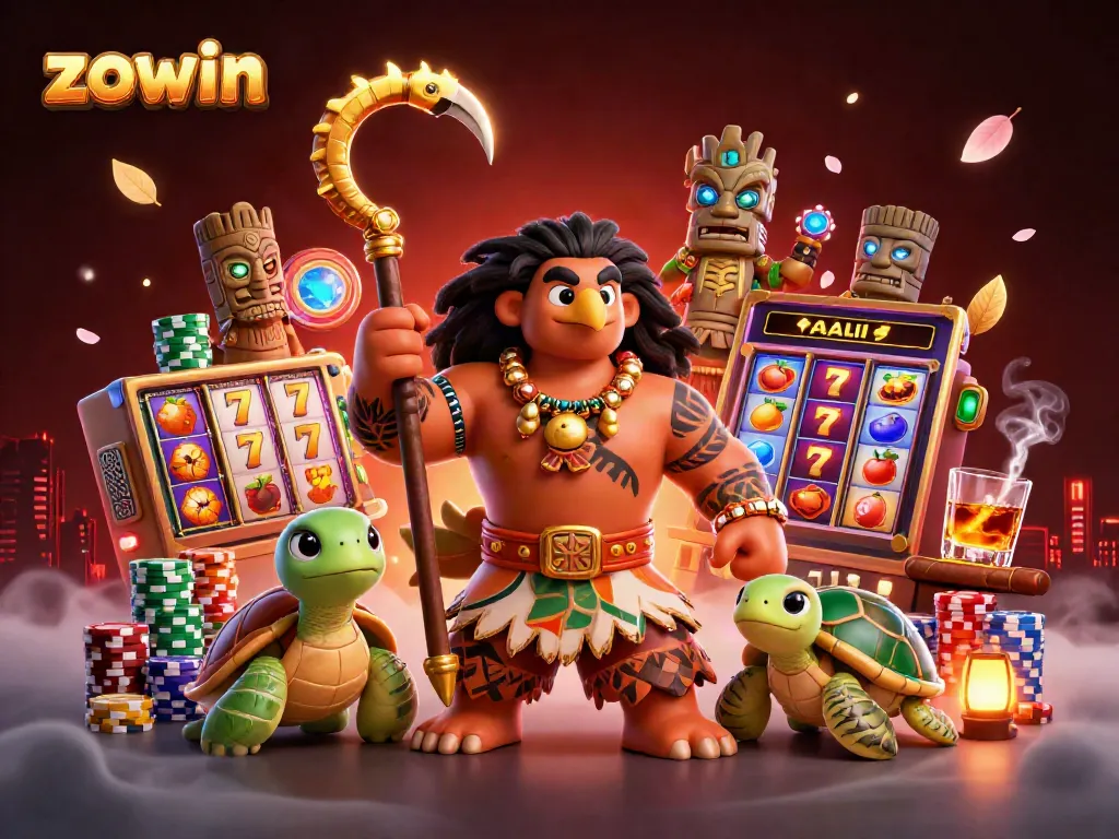 Win big at zowin with a vibrant and dynamic casino scene featuring a Polynesian demigod and bringing the thrill of slots to life.
