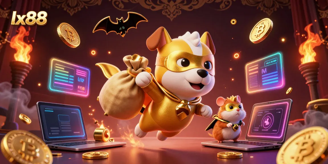 LX88 gaming adventure with a superhero dog flying, showcasing Bitcoin and Ethereum in a vibrant casino scene.