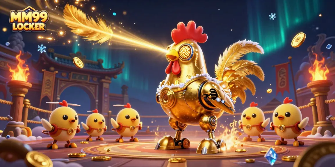 Experience thrilling gameplay at MM99 LOCKER with golden rooster robot and immersive casino setting