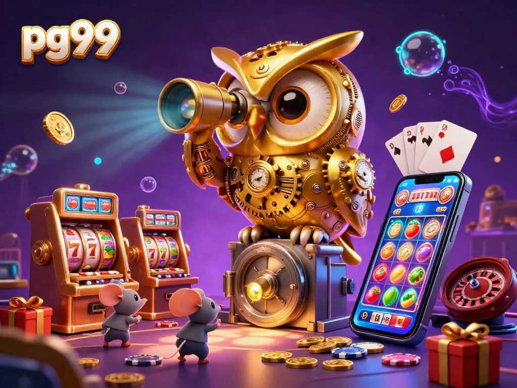 Play exciting slot games with pg99 illustrated by a clockwork owl amidst vibrant casino action.