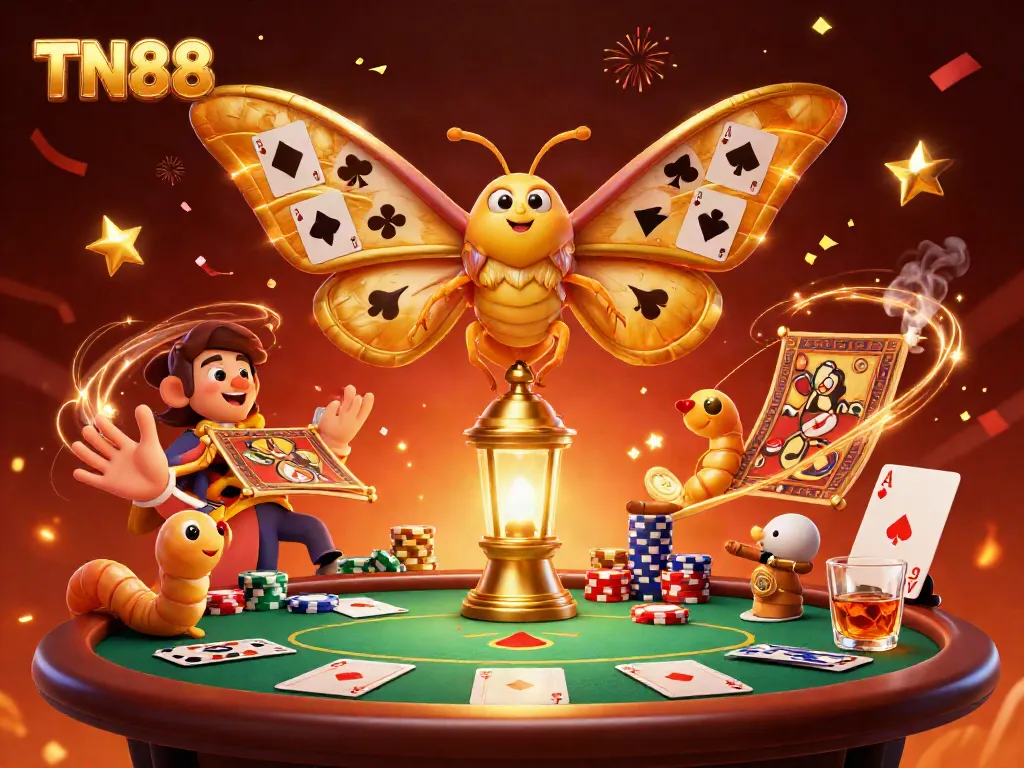 Experience exciting casino action with TN88 as the vibrant moth creature showcases golden wings amidst a lively gambling scene.