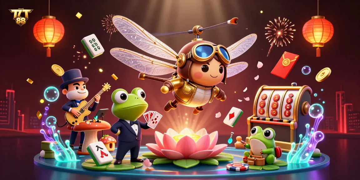 Engage with TT 88 as you witness a vibrant casino scene with dynamic characters and colorful elements.
