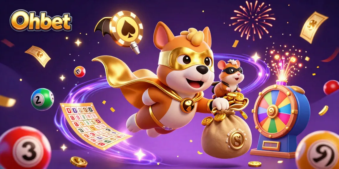 Oxbet showcases a heroic dog and hamster amidst vibrant lottery elements, capturing the excitement of gaming.