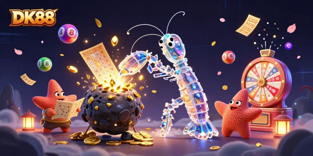 DK88 showcases a dynamic scene with vibrant lottery elements and gaming excitement, highlighting the casino experience.