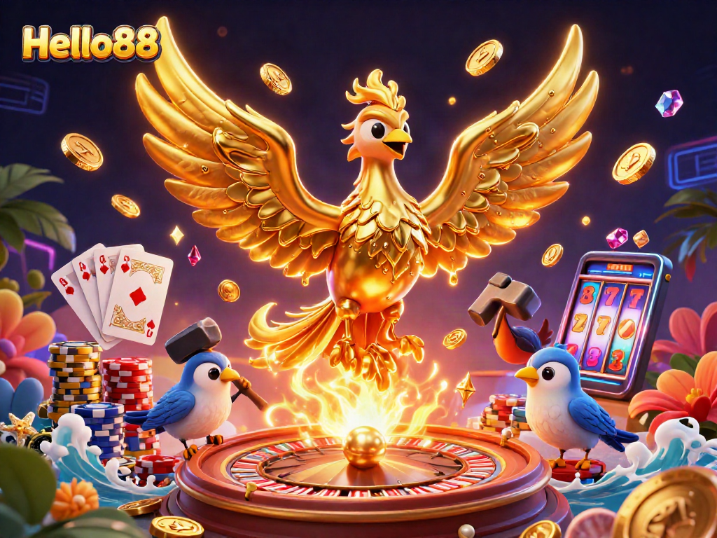 Experience the thrill of Hello88 casino with a golden phoenix and enticing game elements.