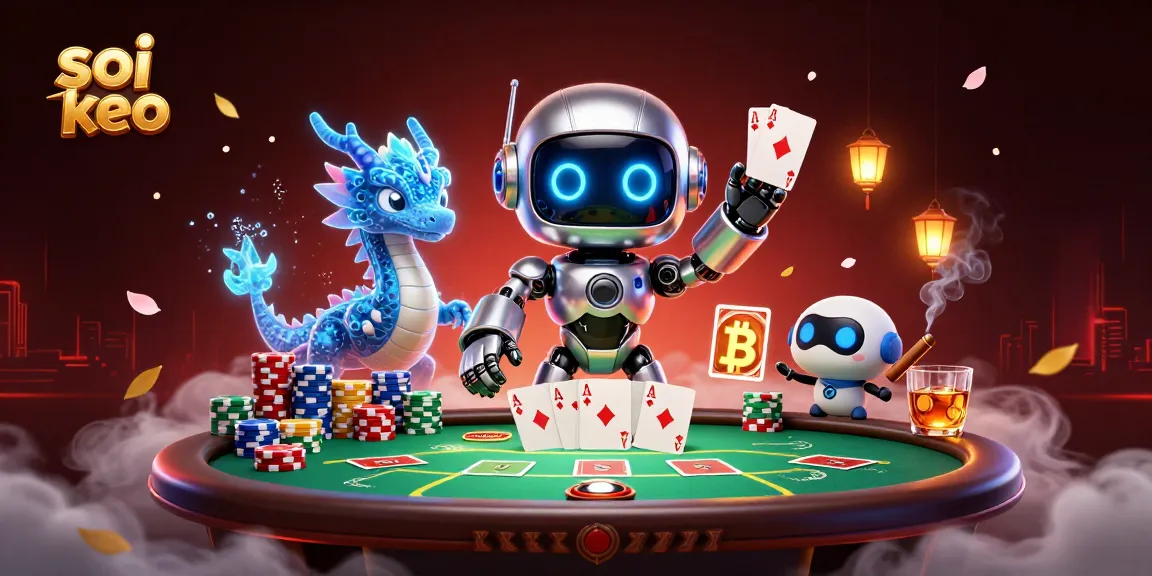 Soi keo illustration depicting a cyberpunk robot and holographic dragon at a vibrant poker game.