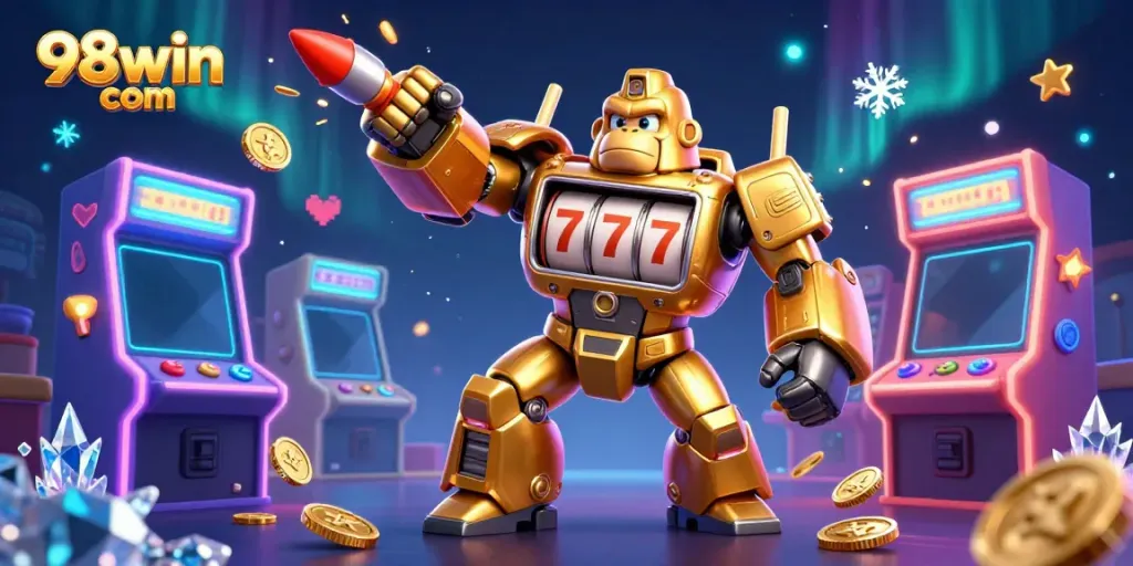Experience thrilling jackpot action with 98win com's vibrant gaming scene of a gorilla mech and arcade machines.
