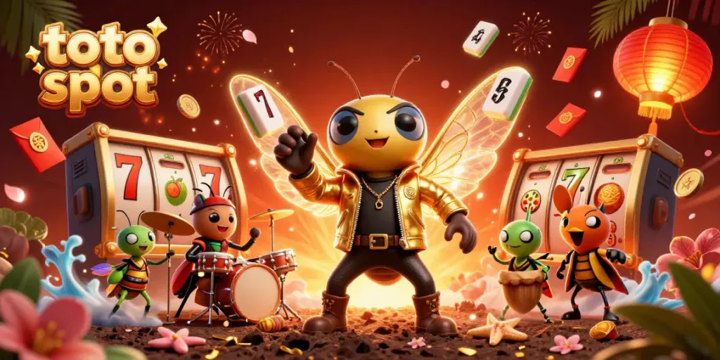 Spin the reels in the vibrant toto slot scene featuring a cicada rock star and lucky symbols.