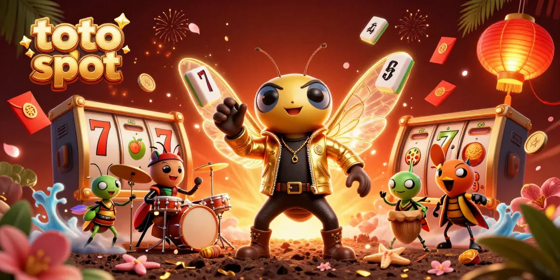 Spin the reels in the vibrant toto slot scene featuring a cicada rock star and lucky symbols.